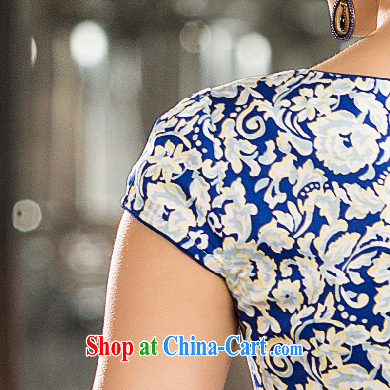 David WILSON, cheongsam dress 2015 new spring and summer National wind stylish improved blue and white porcelain Chinese beauty short robe, dark-blue XXXL, point in time, and shopping on the Internet