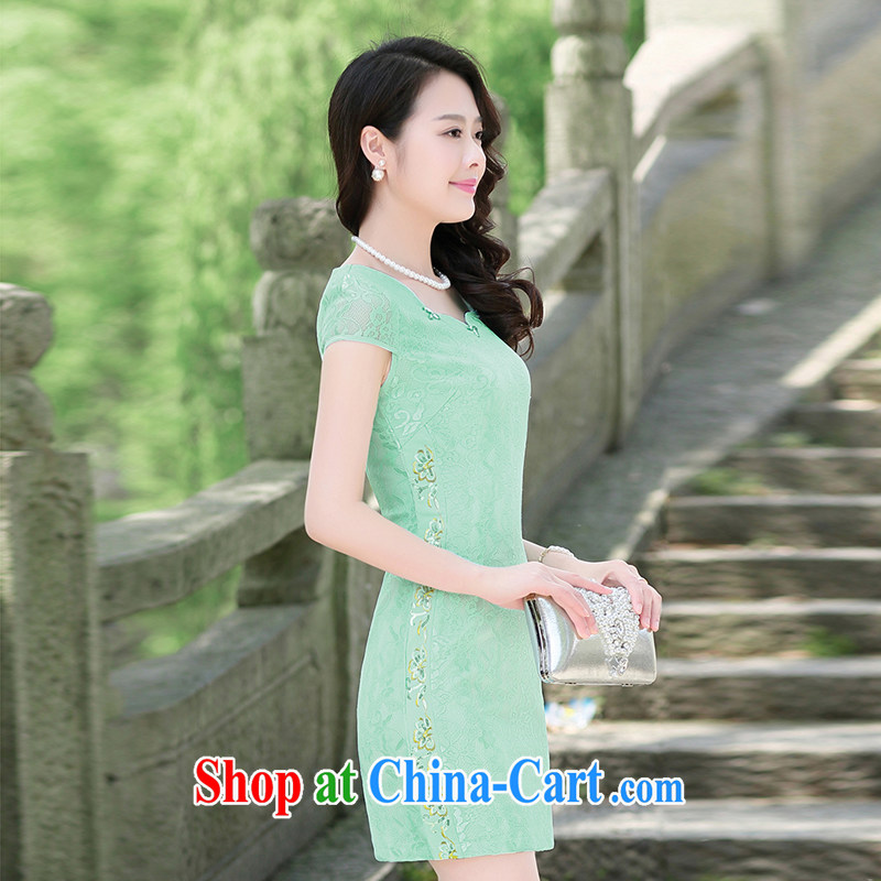 Kam Ming Yin Yue 7 summer 2015 new minimalist retro beauty graphics thin solid-colored lace cheongsam dress green XL, Kam-ming 7 Yin Yue, shopping on the Internet