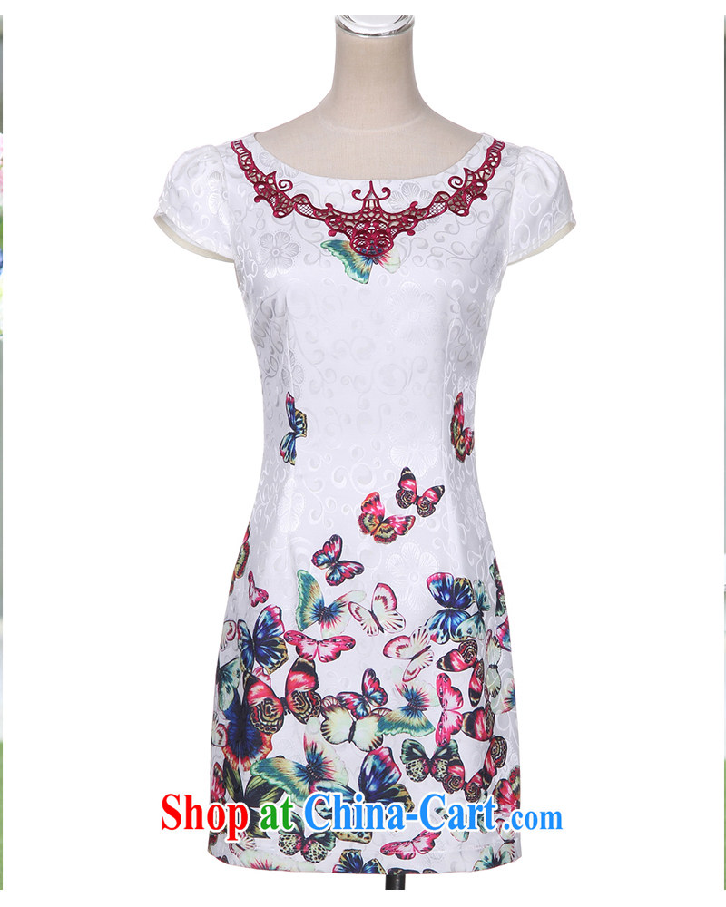 XUAN FENG 2015 summer new Korean Beauty China wind short-sleeved round-collar butterfly stamp stylish women improved cheongsam dress blue XXXL pictures, price, brand platters! Elections are good character, the national distribution, so why buy now enjoy more preferential! Health