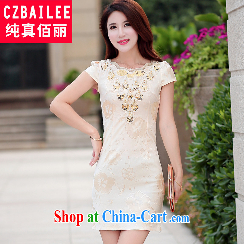 Jin Bai Lai improved cheongsam 2015 summer new female graphics thin beauty fashion style short-sleeved dresses evening dress beige 3XL