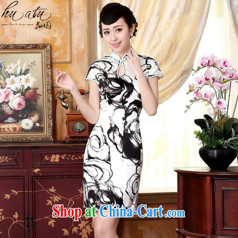 Take the silk retro classic water droplets, dos Santos for silk painting painting stretch Satin beauty double short cheongsam dress water color 2 XL, figure, shopping on the Internet