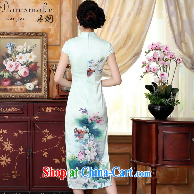 Dan smoke female new summer Chinese improved blue lotus water droplets I should be grateful if you short-sleeved in cultivating long double cheongsam dress Cheong Wa Dae Yeon 2XL, Bin Laden smoke, shopping on the Internet