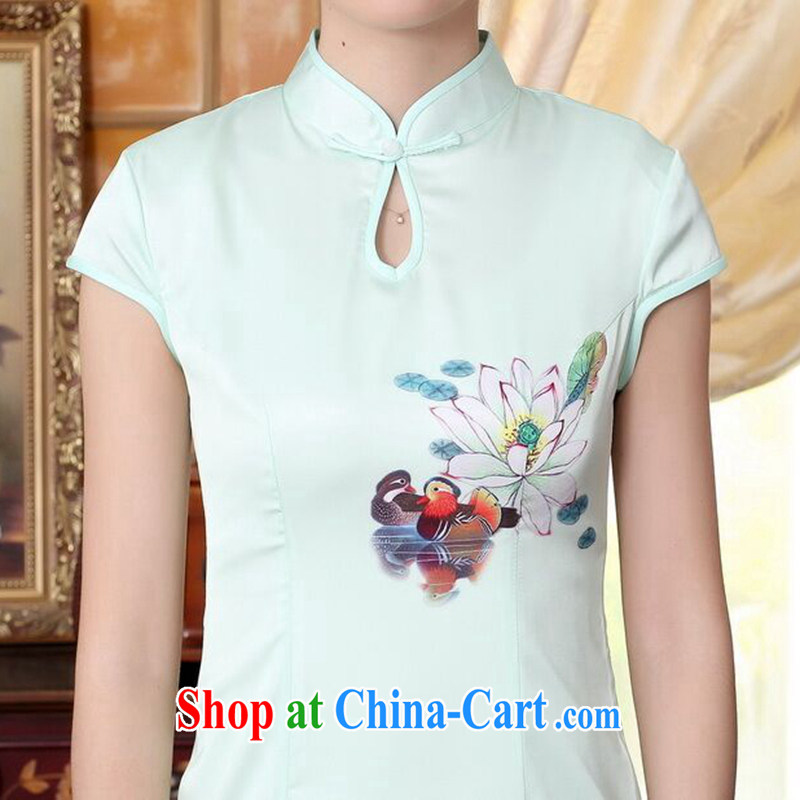 Dan smoke female new summer Chinese improved blue lotus water droplets I should be grateful if you short-sleeved in cultivating long double cheongsam dress Cheong Wa Dae Yeon 2XL, Bin Laden smoke, shopping on the Internet