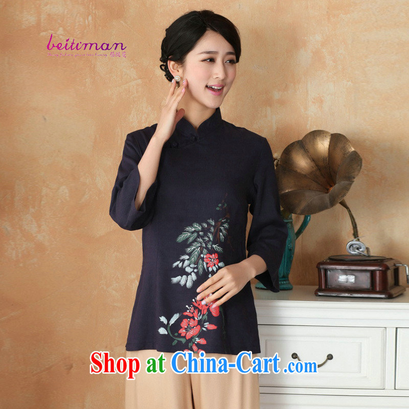 Mrs Ingrid sprawl economy 2015 spring new female improved cheongsam shirt cotton Ma China wind, Chinese T-shirt dark blue XXXL