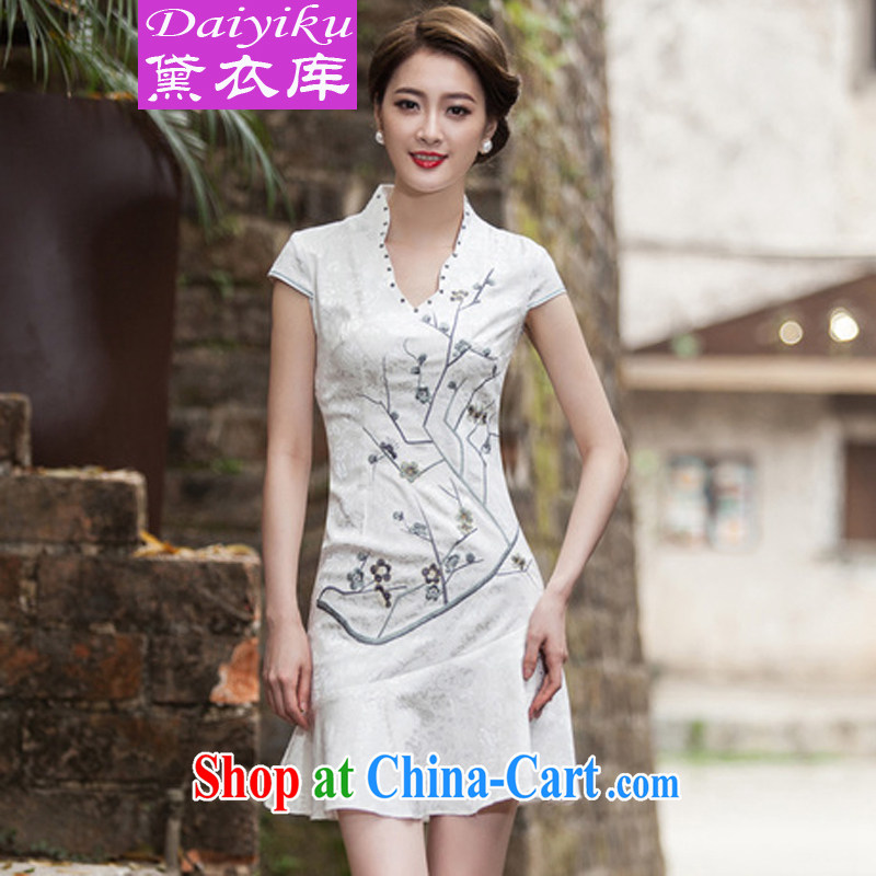 Diane Yi Library 2015 spring and summer new short-sleeved V collar embroidered Phillips nails Pearl crowsfoot skirt with embroidery short cheongsam white XL