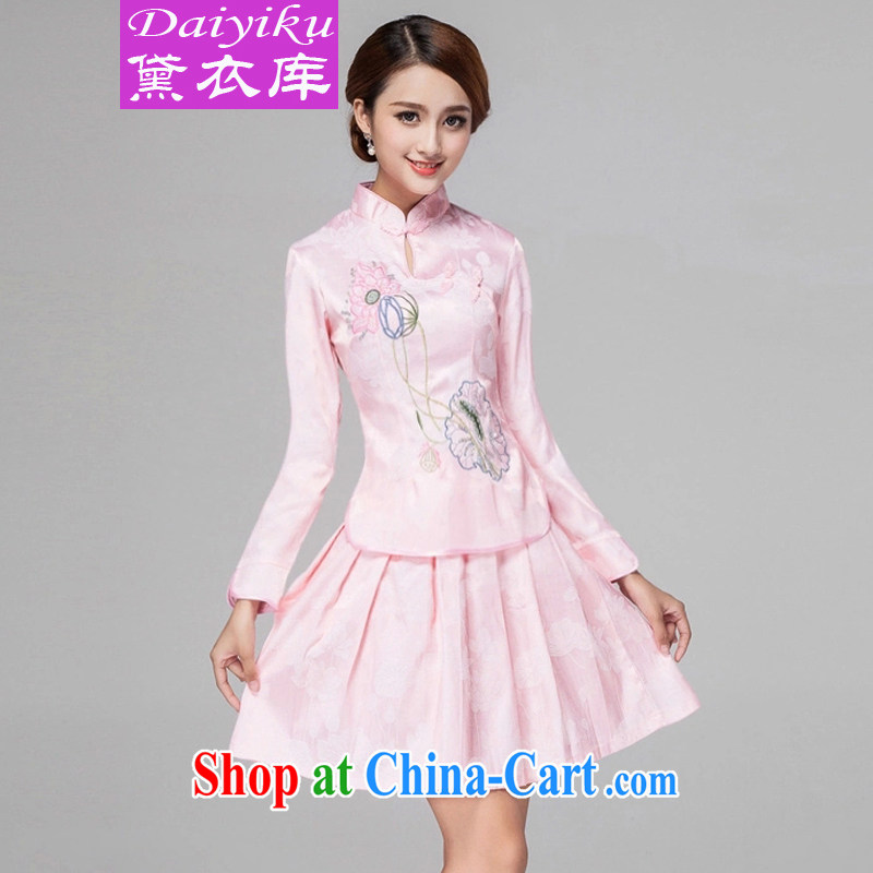 Diane Yi Library 2015 spring and summer female new beauty routine retro long-sleeved improved cheongsam stylish two-piece with white long-sleeved XL