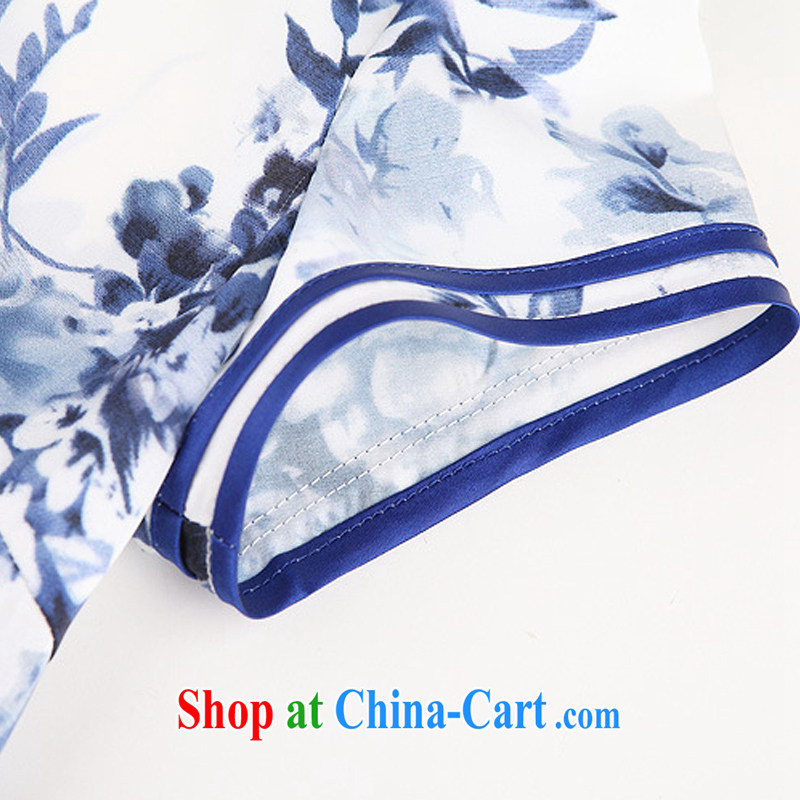 Summer 2015 new girls improved sexy graphics thin daily blue and white porcelain stamp double-wrinkled short-sleeved short cheongsam dress XL, rare elements, and shopping on the Internet