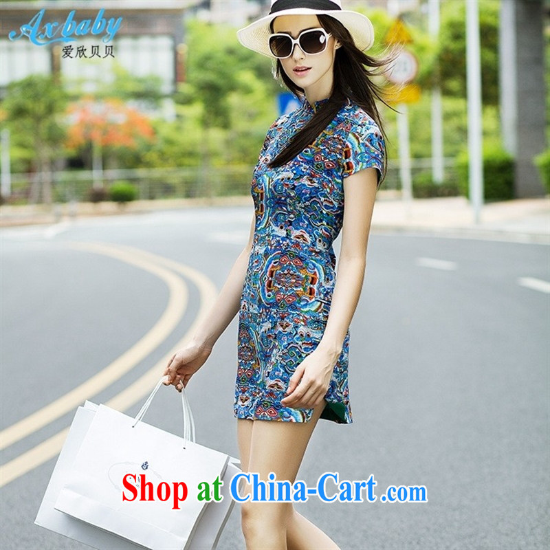 Love Yan Babe (Axbaby) summer silk dress stamp on the truck beauty graphics thin improved cheongsam dress dark blue XXL, love Yan Babe (Axbaby), and, on-line shopping