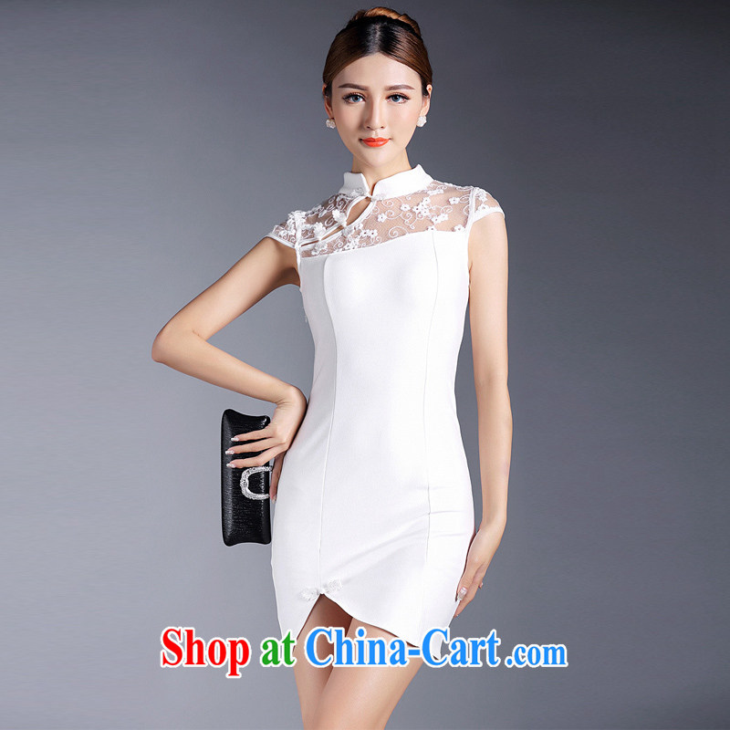 Dresses 2015 new Ki robe sexy lace elegant banquet dress improved short cheongsam dress dresses summer white XL