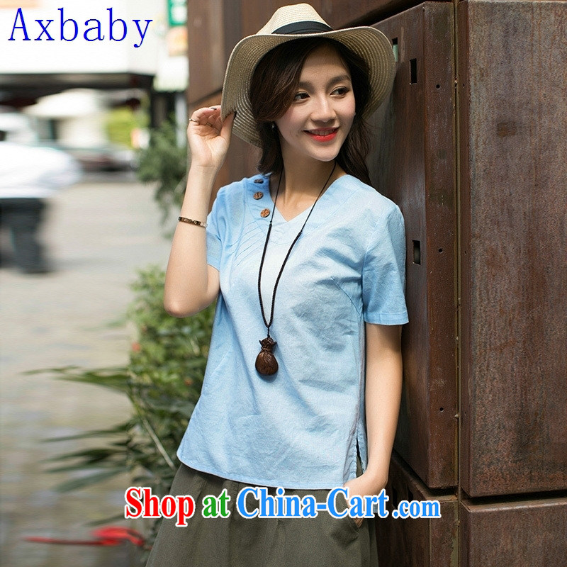 Sunny commuter store summer 2015 the latest female literary T shirts stylish V-neck collar click the charge-back design cultivating women T-shirt water blue XL