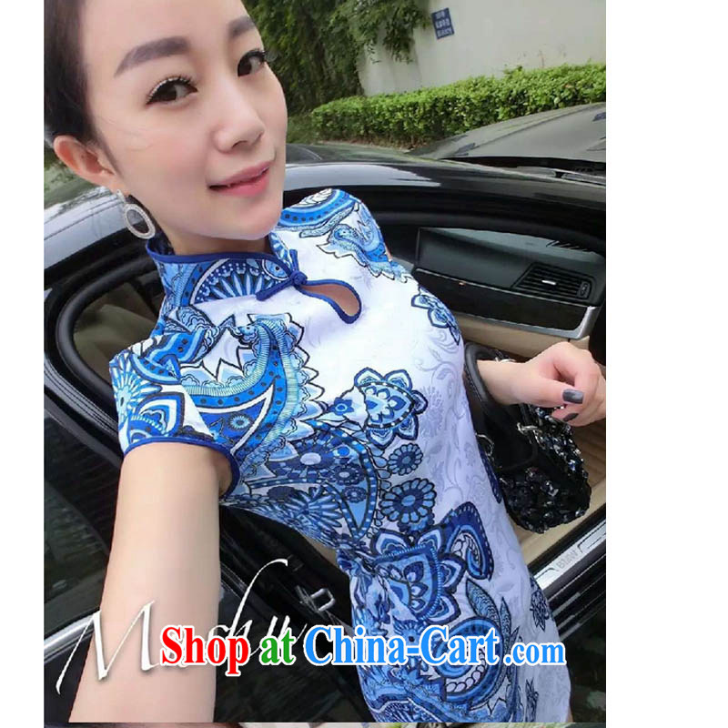 Estee Lauder sprawl of 2015 summer retro name yuan style tight package and blue and white porcelain cheongsam dress white L, Diane of Mephidross (DAISUMAN), online shopping