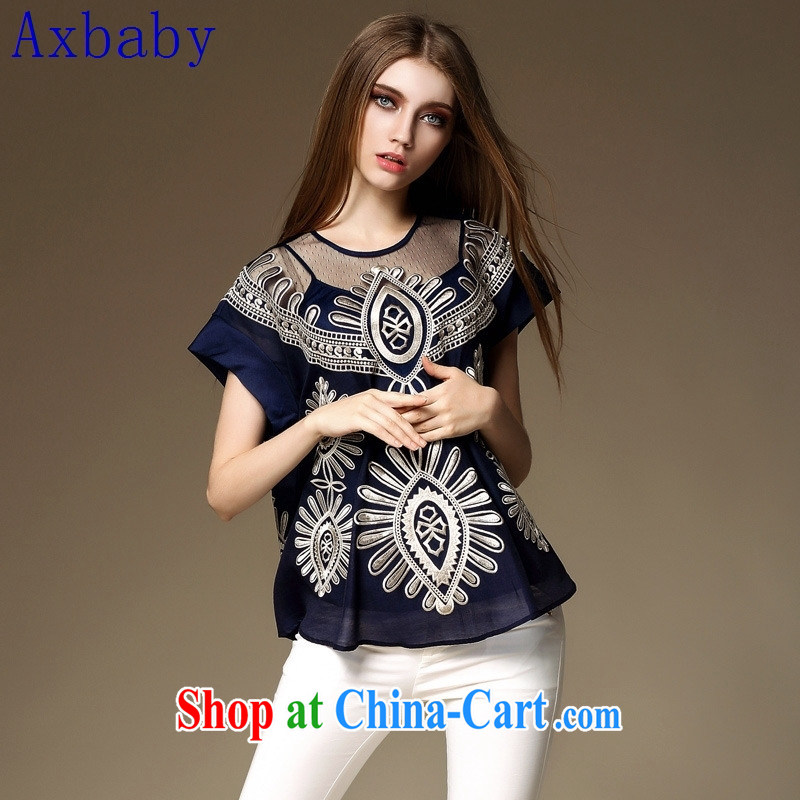 Sunny commuter store Y 204 European site 2015 summer the new women in Europe and America with the token to the embroidery elegant T-shirt T shirt dark blue L, love Yan Babe (Axbaby), online shopping