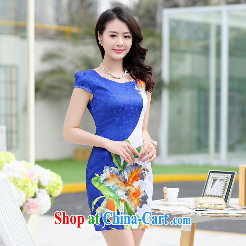 Improved cheongsam 2015 summer short-waist and dress middle-aged mother and stylish decor, Video thin female with Bo Lan XXL
