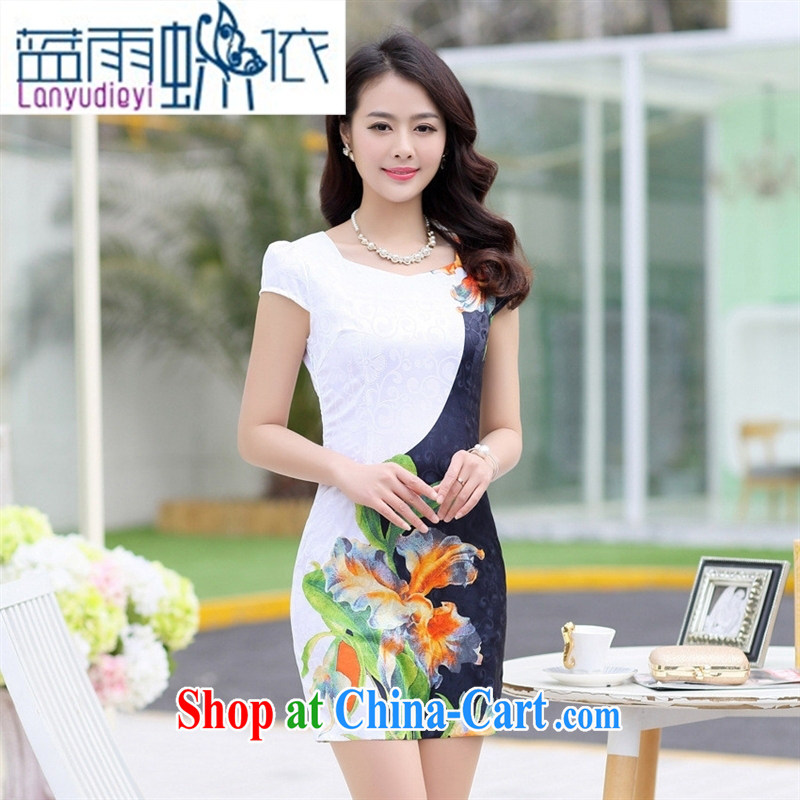 Ya-ting store summer 2015 new women who are decorated with graphics thin round-collar A Field retro stamp short-sleeved dresses qipao package and black XXL, blue rain bow, and shopping on the Internet