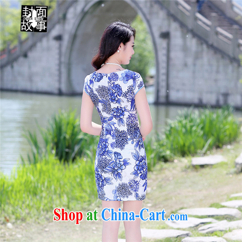 Cover Story cheongsam dress 2015 summer new stylish blue and white porcelain stamp improved cultivating retro Chinese qipao Ms. dresses white floor take XXL, cover story (cover story), online shopping